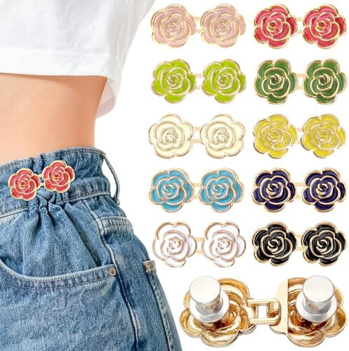 Dropower 10 PCS Rose Adjustable Jeans Button Pins, Metal Pant Waist Tightener, No Sew Waist Tightener Clip for Women's Loose Pants, Durable Detachable Replacement Button Set