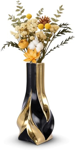 10.6 Black and Gold Ceramic Vase, Modern Geometric Flower Vase for Dining Table Centerpiece, Elegant Decorative Vase for Pampas Grass, Living Room, Bedroom, Office, Tabletop Decoration