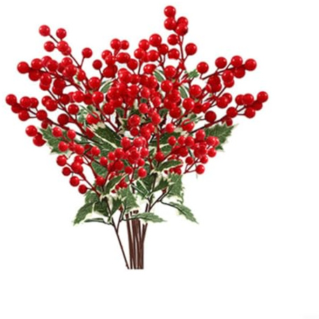 EffiFish Confezione da 8 steli di bacche rosse, rami artificiali di bacche di agrifoglio con foglie verdi, per decorazioni festive, decorazioni natalizie e casa (rosso)