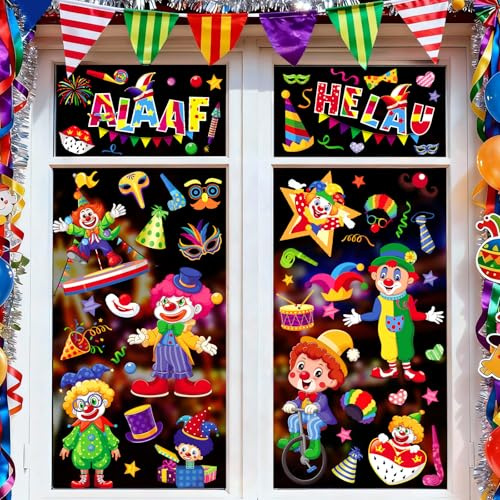 Adesivi per Finestre Carnevale, 102 Decorazioni per Finestre Vetrofanie Carnevale per Vetrine Grandi a Forma di Clown Riutilizzabili Immagini Addobbi Finestre Statica
