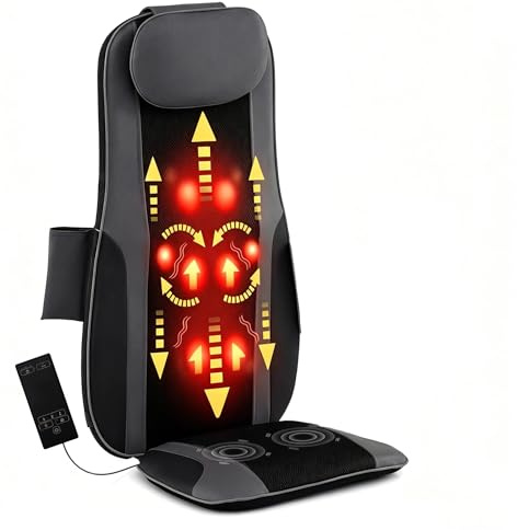 GYMAX Massagesitzauflage, Massageauflage mit Wärme für Nacken & Rücken, Shiatsu-Massage mit 4 Knetknoten & 2 Vibrationsmotoren, Autositz Massage, Stuhlmassagegerät für Büro & Haus