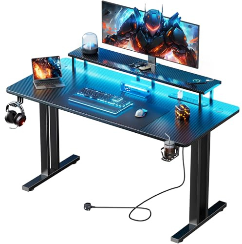 DLONGONE Gaming Desk with LED Lights & 3 Power Outlets, 120 x 60 cm, Black | Computer Desk with 3 USB Ports and Monitor Stand, Ergonomic Design, Equipped with Cup Holder and Headphone Hook