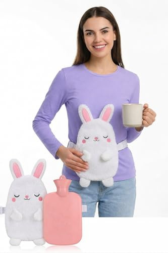Cute Bunny Wearable Hot Water Bottle with Plush Cover and Adjustable Belt, Pink, 27x17cm, 100ml Capacity