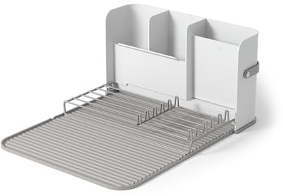 Umbra Sling Faltbares Abtropfgestell, Platzsparend Mit Caddy, Weiss | Spülmaschinenfeste matte, Silikonband zum Verstauen, trocknet Geschirr und Gläser, recycelter Kunststoff