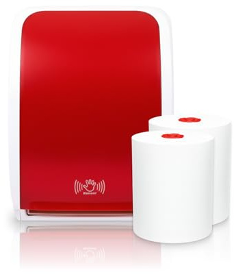 Blanc HYGIENIC Cosmos Sensor-Handtuchspender Rot-Weiß + 2 TAD-Rollen | Berührungslose Einzelblattausgabe, 3 Blattlängen, Sensor-/Auto-Feed-Modus und 2 Premium-TAD-Rollen à 100 m, insgesamt 200 m