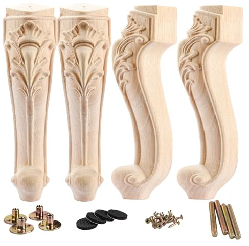 La Vane Lot de 4 pieds de meubles en bois massif sculpté de style européen - Décoration brute pour canapé, armoire, table, causeuse - 35 cm
