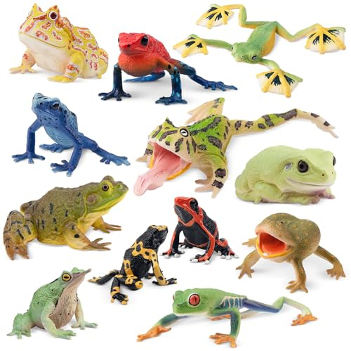 Toymany Frog Toy Figures, Plastic Rainforest Woodland Animals Toy Frogs Set with Realistic Poison Dart Frog, Cake Topper Party Favor Garden Flowerpot Plants Decor