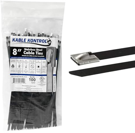 Kable Kontrol Schwarze Metall-Kabelbinder – 20,3 cm lang, 100 Stück, 90,7 kg Zugfestigkeit, Polyesterbeschichteter 304 Edelstahl-Kabelbinder, UV- und chemikalienbeständig, für den Innen- und