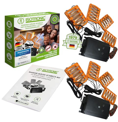 ISOTRONIC Marderschreck Auto – Marderabwehr zum Anschluss an 12V Autobatterien – Marderschutz mit Hochspannung, LED-Blitzlicht & Ultraschall – Marderschock Wasserdicht & CAN-Bus geeignet (2 Stück)