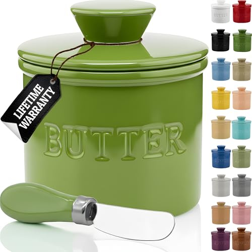PriorityChef French Butter Crock for Counter, Keeper With Water Line, Ceramic Dish Lid Countertop, Farmhouse Holder, Simply Place In The Bell Container, Green (GM-PC-CROCK-GRN)