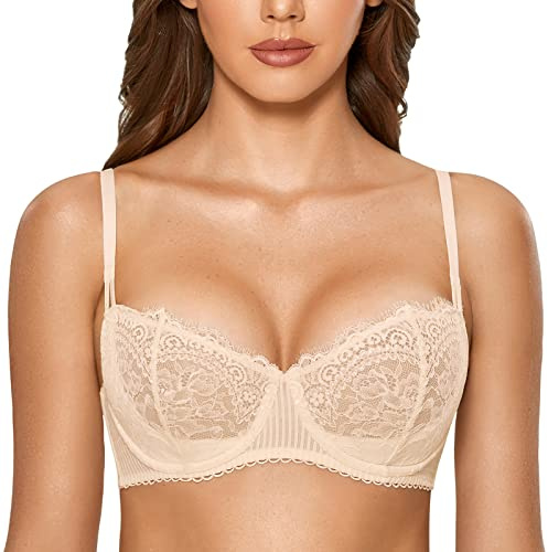 DOBREVA Women's Sexy Lace Push Up Plus Size Bra Sheer Balconette Underwire Unlined Beige 34DD