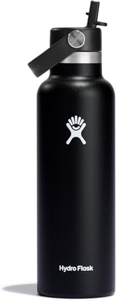 Hydro Flask - Water Bottle 621 ml (21 oz) - Vacuum Insulated Stainless Steel Water Bottle with Flex Straw Cap - Standard Mouth - Black