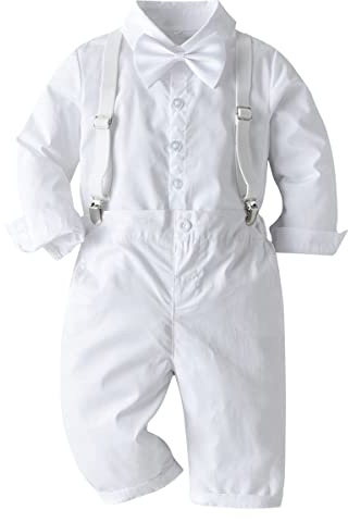 Toddler Baptism Outfits for Boys Baby Dedication Christening Outfit Dress Shirt Bowtie Suspenders Pants Infant Wedding Tuxedo Gentleman Christmas Matching Family Easter Outfits All White 2-3T