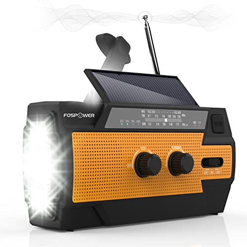 FosPower Radio de Emergencia Portátil con Manivela/Carga Solar 4000mAh (Modelo A3) Batería Externa con SOS Alarm, LED Flashlight, Am/FM por Senderismo y al Aire Libre (Naranja)