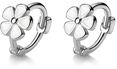 6mm Tiny Cute Flower Hoop Sterling Silver Mini Small Cartilage Hoop Earrings for Women Girls Teens Hypoallergenic Dainty White Enameled Daisy Flowers 18g Piercing Huggie Hoops