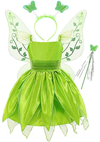 YiZYiF Enfant Fille Déguisement Fée Clochette Costume Halloween Noël Carnaval Cosplay Papillon Elfe Robe Princesse Aile Serre-tête Baguette Magique Vert 7-8 ans