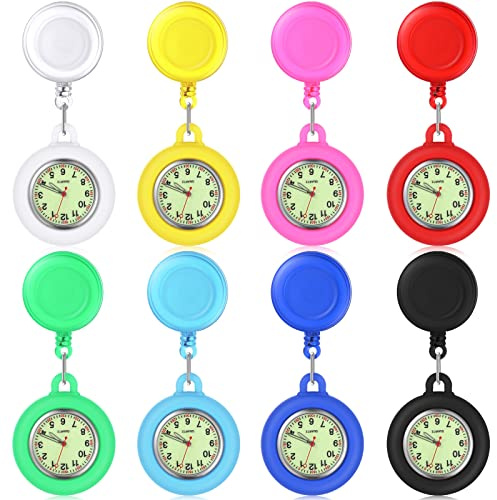 Outus 8 Pieces Retractable Nurse Clip on Badge Watch Silicone Dark Glow Pocket Fob Stethoscope Reel Nurse Watch for CNA Week Gift(Classic)