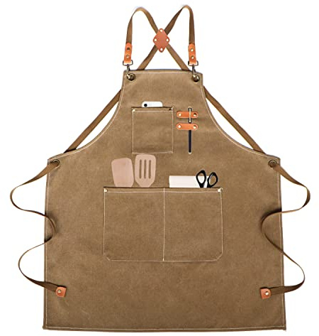 SUPRBIRD Tablier de Cuisine,Tablier de Travail,Tablier Barbecue avec 3 Poches Tabliers Cuisine pour Homme et Femme,Bretelles Réglables de M à XXXL,pour Barbecue, Restaurant, Jardin, Café (Marron)