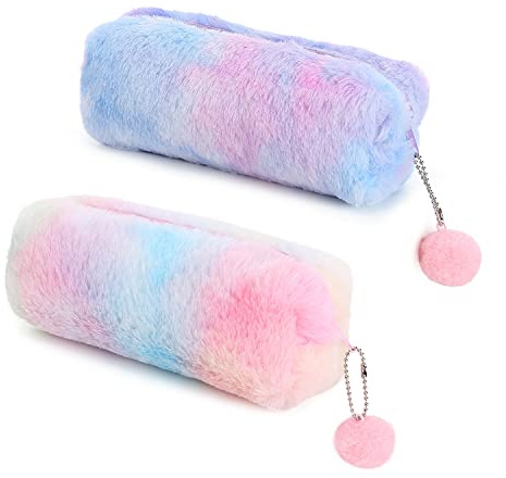 2 astucci in peluche, simpatico astuccio arcobaleno, custodia per cancelleria di grande capacità, astuccio per cancelleria per ragazze, astuccio per penne in peluche per bambini (rosa, viola)