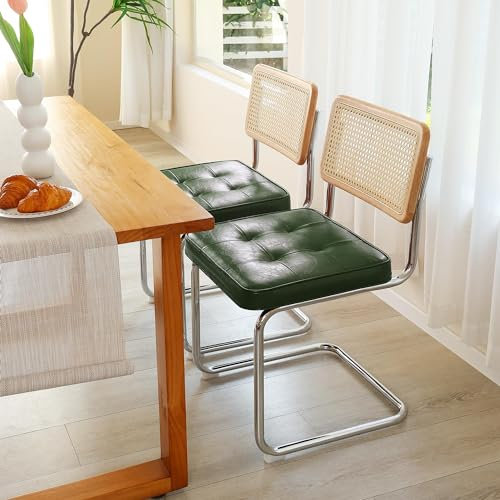 ONEVOG Retro Dinner Chairs Set of 2, Upholstered Faux Leather Green Kitchen & Dining Chair, Mid-Century Modern and Farmhouse Style, with Wood Frame Rattan Back and Cantilever Chrome Metal Legs