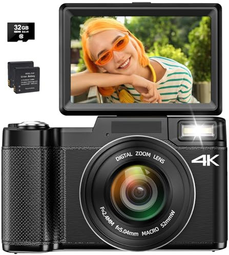 Toiauaha 4K Digital Camera for Photography, 30MP Vlogging Camera with 16X Digital Zoom, 3''180°Flip Screen, Black