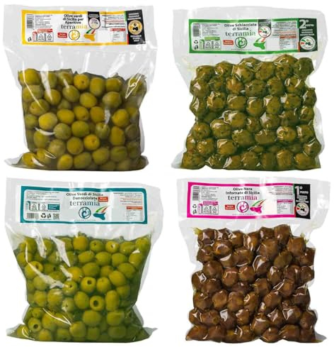 Olive di Sicilia prodotte nella valle del Belìce cultivar Nocellara OFFERTA 4 buste da 250 grammi di gusti assortiti