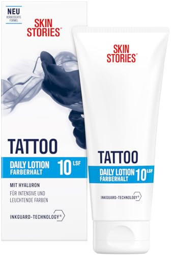 SKIN STORIES Crema idratante per tatuaggi Daily (100 ml), con tecnologia InkGuard-Technology® e acido ialuronico, cura quotidiana del tatuaggio con SPF 10 per colori intensi e mantenimento del colore