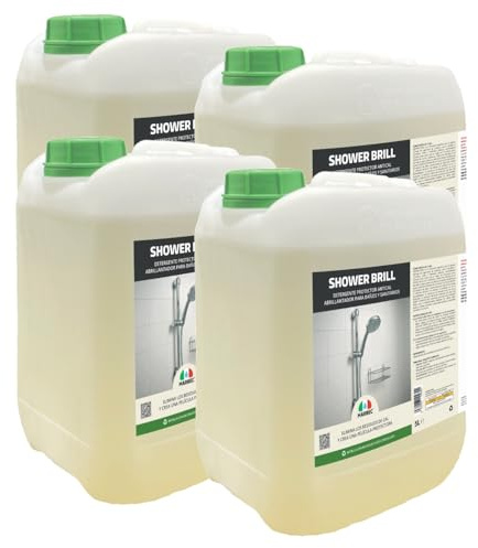 MARBEC SHOWER BRILL 5LTX4UDS Limpiador antical para baño, protector anti-gotas, para cerámicas y vidrios, reduce cal y residuos, fácil mantenimiento diario.