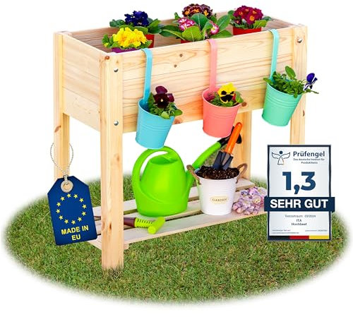 ITA Fioriera Rialzata 80x37x78 cm in Legno Naturale - Aiola con Un Livello e Un Ripiano Stabile - Perfetta per Giardino, Terrazza, Balcone - qualità Diretta dal Produttore