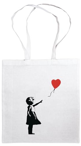 Umhängetasche Banksy Girl with Balloon: Stofftasche, Jutebeutel mit Streetart-Motiv. Aus 100% Baumwolle mit Langen Trägern