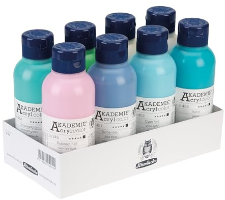 Schmincke – AKADEMIE® Acryl color, Tray mit 8 Aktionsfarbtönen in 250 ml Flaschen, Acrylfarbe mit höchsten Lichtechtheiten, 76763097
