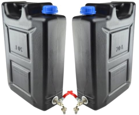 Wasserkanister 20l aus Kunststoff, Wassertank mit Hahn, Set 2 Stück, Wasserbehälter Trinkwasserkanister, Reservekanister, Kunststoffkanister, für Haus, Garten,Camping usw., dichter Verschluss, Schwarz
