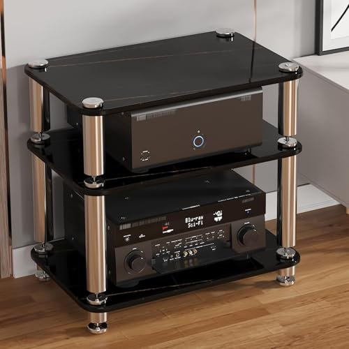 LYXWGRZD 4-stufiger Audio Rack HiFi Regal, HiFi Rack mit reichlich Stauraum, Plattenspieler Regal, gehärtetes Glas, Phonoschrank mit stoßdämpfenden Fußspikes, starke Tragfähigkeit(Nero,57cm/22.4in)