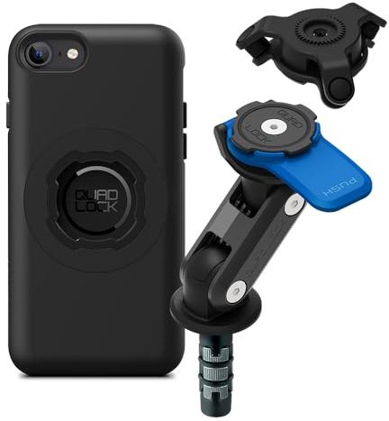 QUAD LOCK Gabelschaft-Handyhalterung für Motorrad mit Vibrationsdämpfer und MAG-Hülle für iPhone SE (3. / 2. Gen) und 8/7