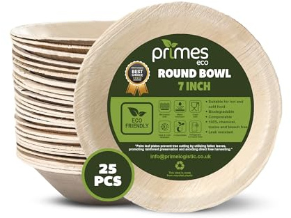 PRIMES ECO 25 PC Disposable Palm Leaf Round Bowls | Eco Friendly Biodegradable Compostable Soup, Salad, Pasta, Dessert Bowls | Sturdy Disposable Palm Leaf Tableware for Party and Catering (7 INCH)