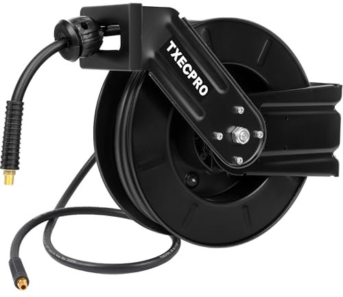 Txecpro Retractable Air Hose Reel, 5/8 x 50ft Hybrid Air Hose, Max 300PSI Air Compressor Hose Reel with 5ft Cable, Air Hose Reel Mounted