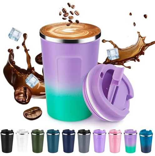Volhoply 360ml 12oz Double Wall Insulated Vacuum Travel Coffee Mug with Flip Lid,Reusable Stainless Steel Leak Proof Coffee Cup,Iced Cafe Thermal Tumbler for Hot & Cold Drinks(Purple Green,1 Set)