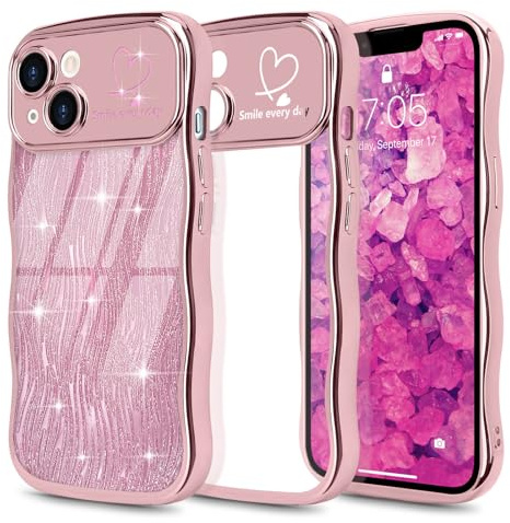Wirvyuer Compatibile con iPhone 13 Cover Glitter Onde Forma Ricciolo Custodia con per cellulare Carta Glitter Rimovibile Cover Trasparente Soft Silicone Case per iPhone 13 Oro rosa