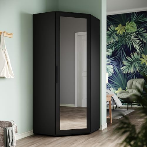 ZANOFIRA Corner Mirrored Wardrobe with Hanging Rail and 5 Shelves, Modern Space Saving Design High Gloss & Matt Wardrobes with Large Capacity for Bedroom, Black