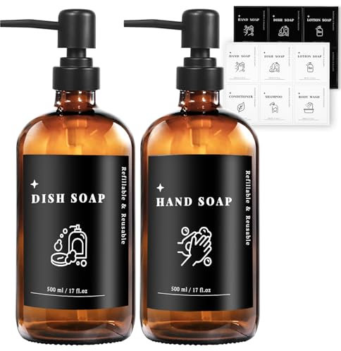 ILIKEPOW 2 Pack Amber Glass Soap Dispenser 500 ml with Pump, Labels and Funnel, Washing Up Liquid Bottle for Kitchen Sink, Bathroom, Body Wash Shower Shampoo Conditioner Lotion Hand and Dish Soap