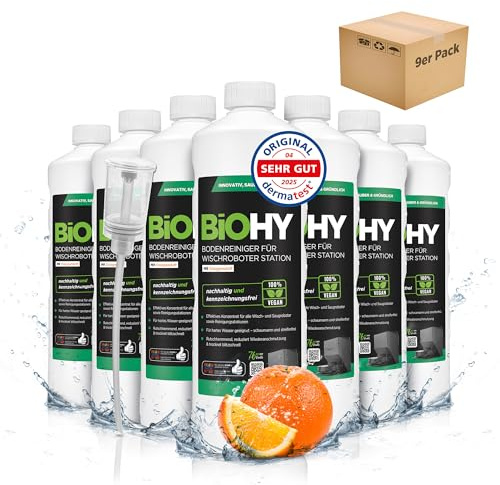 BiOHY Limpiador de suelos para robot de limpieza con aroma a naranja (9 x 1 litro) + dosificador, concentrado de limpieza para todos los robots de limpieza con función húmeda, sin espuma y sin rayas