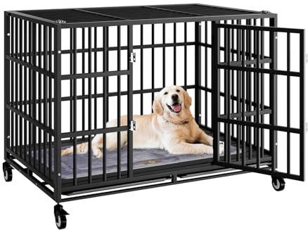 Snuowu 96,5 cm robuste Hundebox mit Rädern, unzerstörbarer ausbruchsicherer Hundekäfig für große Hunde, extra große XL XXL unzerstörbare Hundebox mit herausnehmbarem Tablett