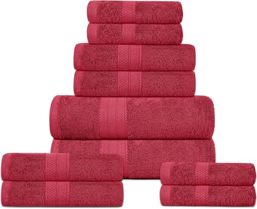 DreamNights 10 Piece Towel Set - 2 Bath Towels, 4 Hand Towels, 4 Washcloths and 2 Free Extra Mitt gloves 100% Cotton Hotel Quality Super Soft and Highly Absorbent (Red)
