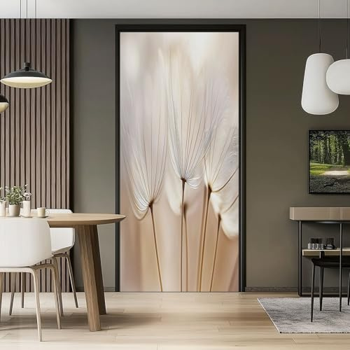 3D Türaufkleber 77 x 200 cm Pusteblume Löwenzahn Makro Botanisch Türtapete Selbstklebend Wasserdicht Abnehmbar Türfolie Türposter Fototapete für Wohnzimmer Schlafzimmer Bad Deko Cremeweiß Beige PVC