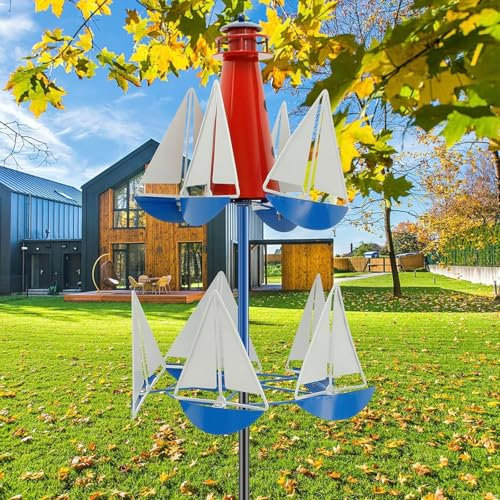 Lighthouse Sailboat Windmill, Sailboat Windmill Décor Wind Mills-Metal Yard Spinners, Wind Spinner Sculpture Outdoor Art Wind Sculpture Creative Nautical Art Ornament for Garden Yard