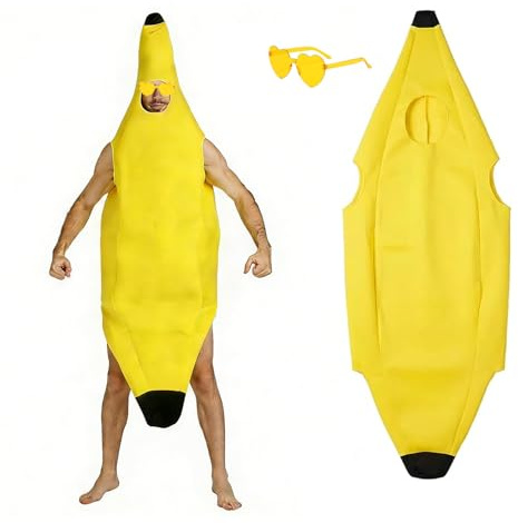 WanderGo Disfraz de plátano con gafas para adultos, 150 cm, divertido disfraz de fruta de una pieza de tela no tejida transpirable para carnaval, Halloween, fiestas, cosplay, sesión de fotos