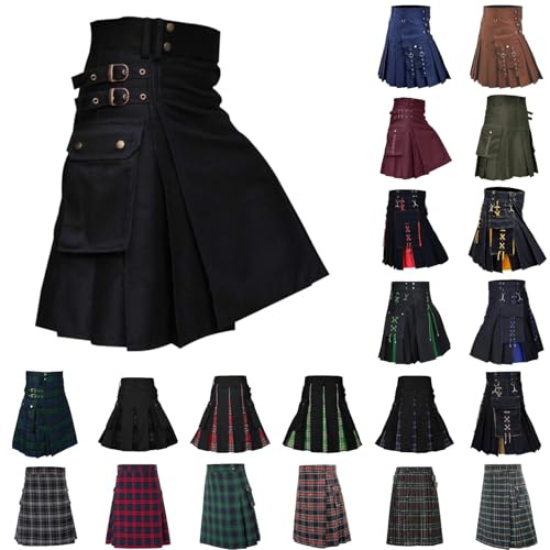 Mens Scottish Kilts Traditional Highland Tartan Utility Kilt High Waist Buckle Strap Pleated Skirt with Cargo Pockets