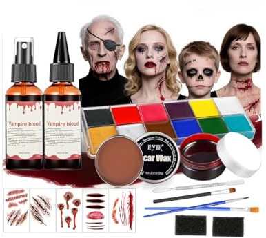 JOYTIX®Halloween Makeup Set SFX mit Kunstblut & Narbenwachs | Professionelle Gesichtsfarben Palette, Schwämme, Pinsel, Narben Tattoos | für Horror Cosplay Kostümparty (A-Set)