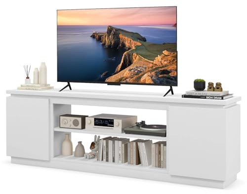Multigot TV Stand Cabinet for TVs up to 80 Inches, Wooden TV Unit Console Table with 2 Doors & Adjustable Shelves, Media Entertainment Center 36 Fireplace Stand for Living Room, Bedroom (White)