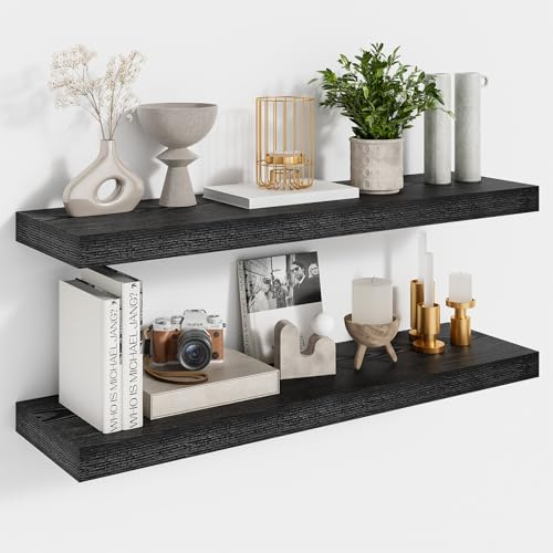 Feihorrm Schweberegal 2er Set, Wandregal Schwarz, 60cm Regal, Regal Wand | Regal Wand mit unsichtbaren Halterungen, Wandregal Holz für Büro, Badezimmer, Schlafzimmer, Küche und Wohnzimmer